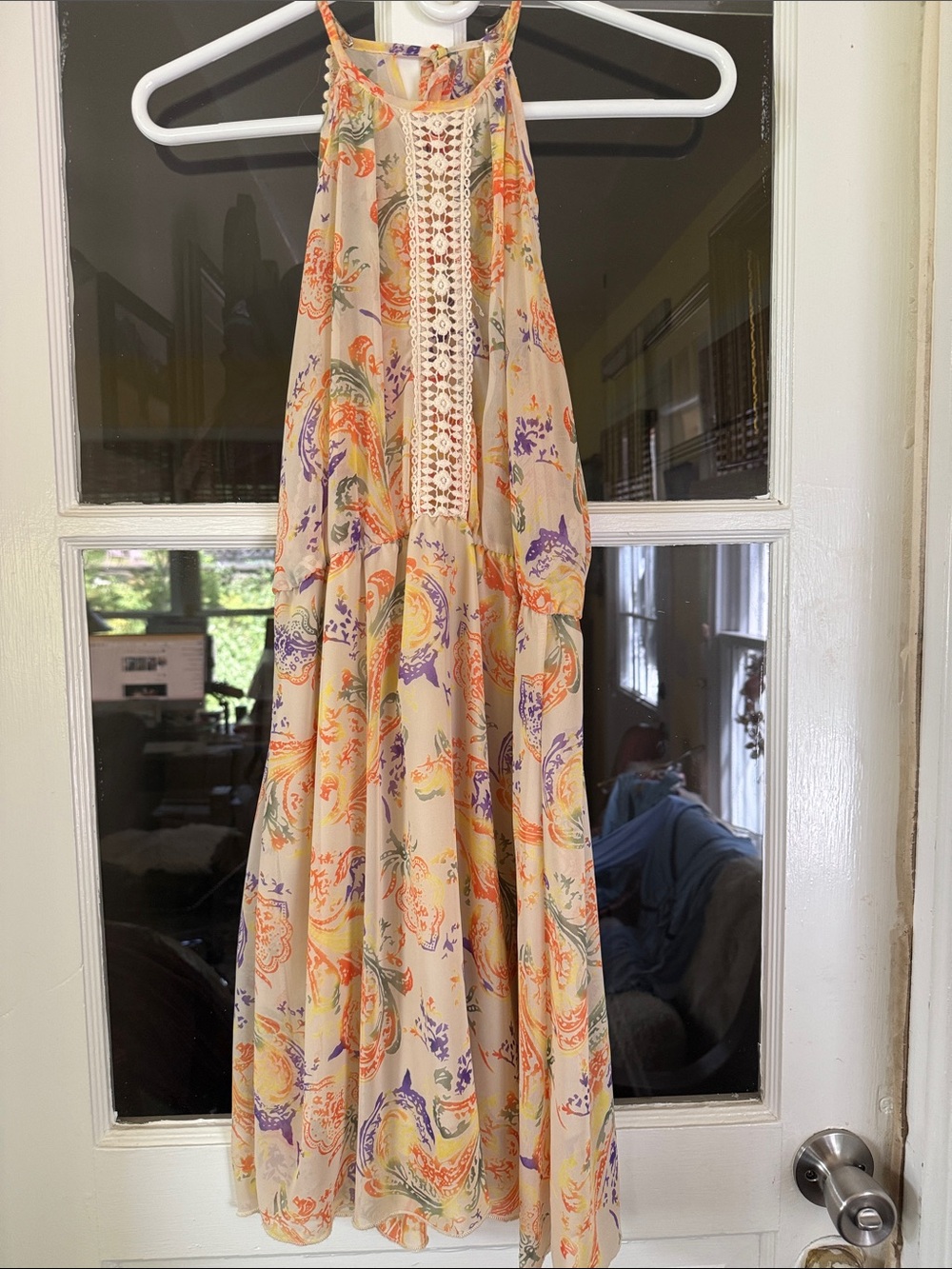 Sleeveless Beige Floral Maxi Dress with Crochet Trim